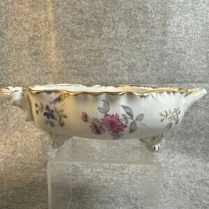 Vintage Andrea Sadek porcelain footed oval handled bowl floral design gold trim